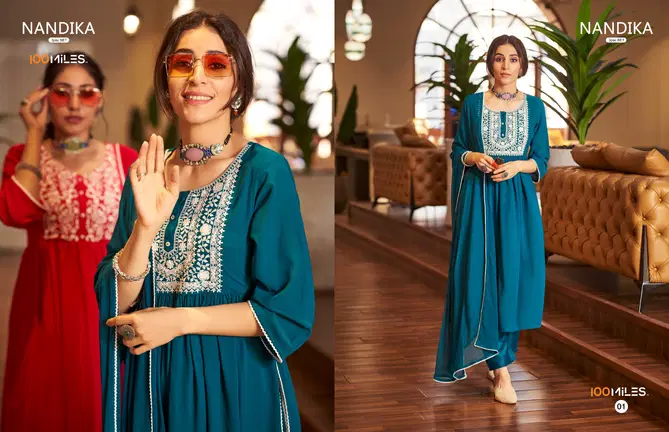 Nandika By 100 Miles Naira Cut Embroidery Kurti With Bottom Dupatta Wholesale Online